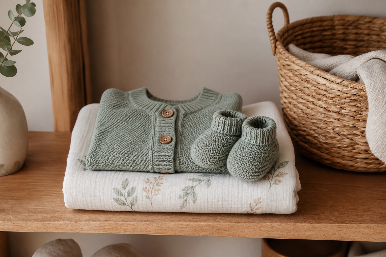 A calm nursery corner with folded organic cotton knitwear