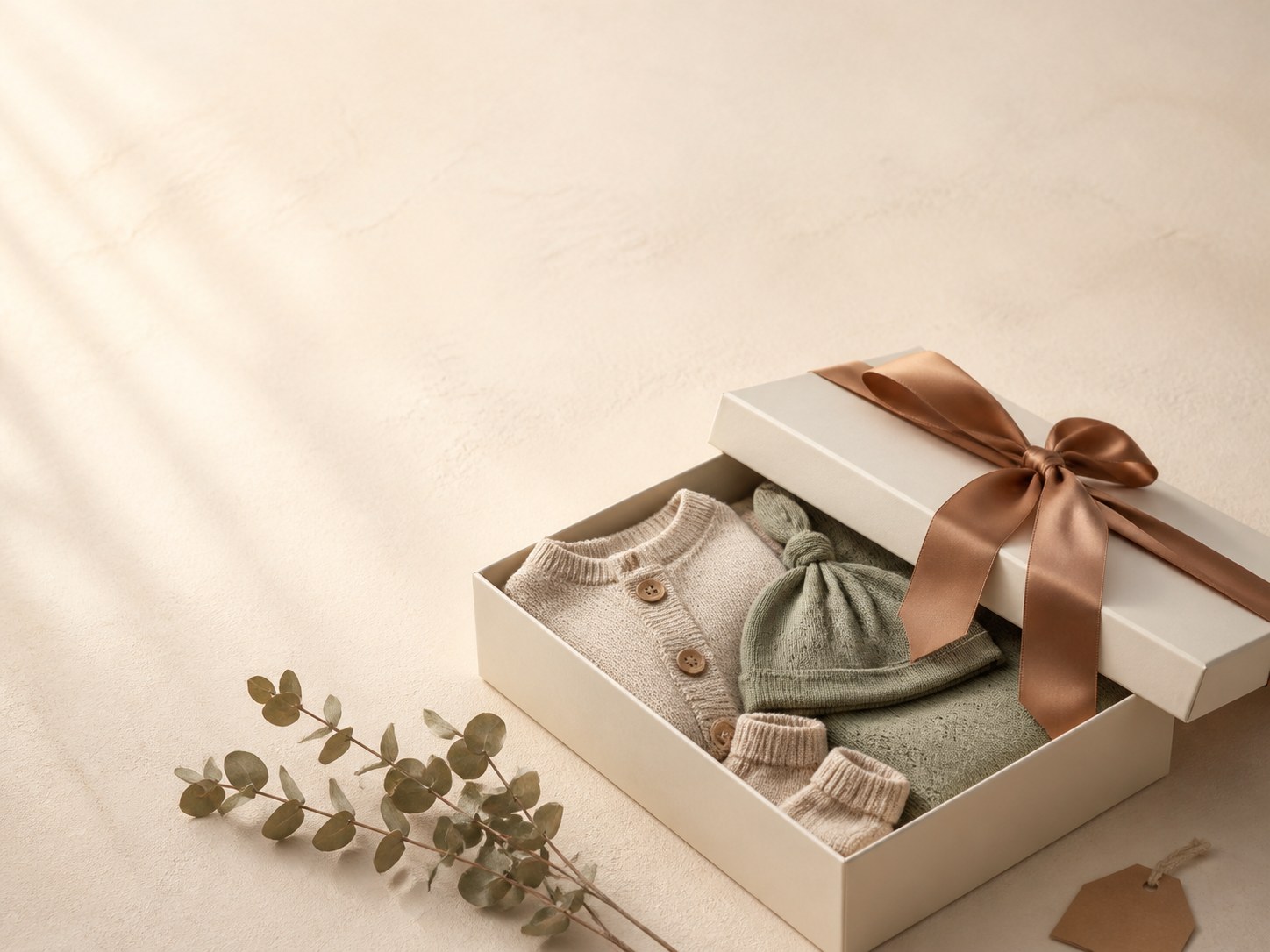 A hand-wrapped newborn gift box tied with a clay satin ribbon