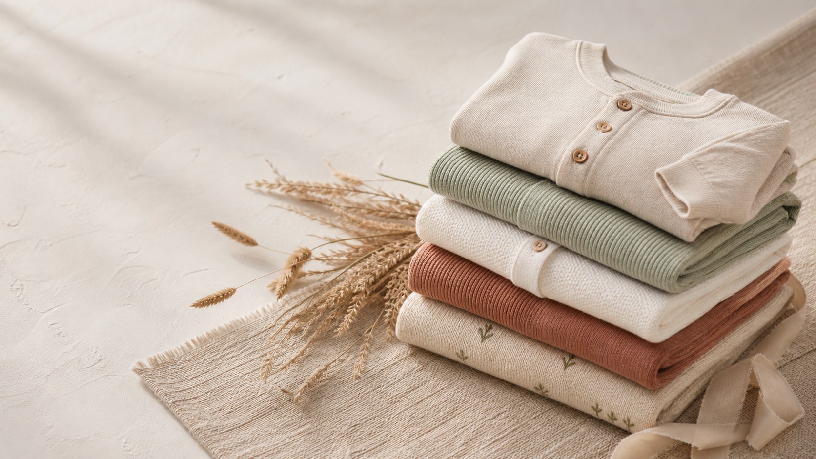 A folded stack of organic cotton knitwear in oatmeal, sage and clay