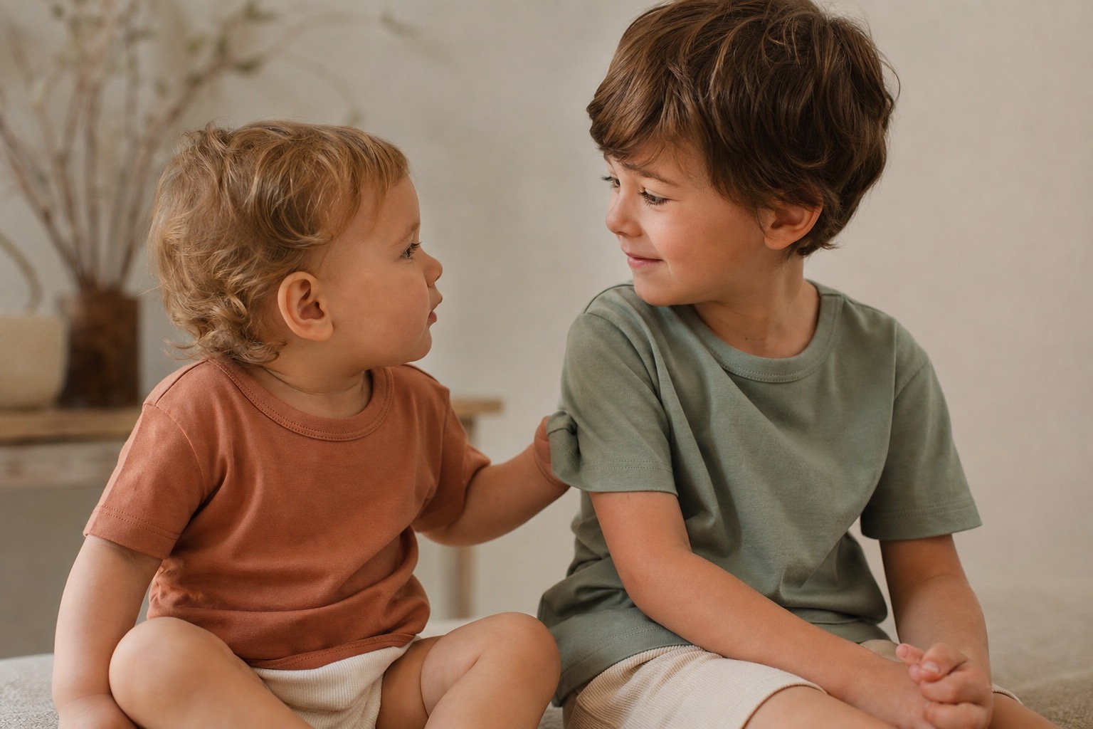 Two siblings in coordinating AV Little organic cotton knitwear