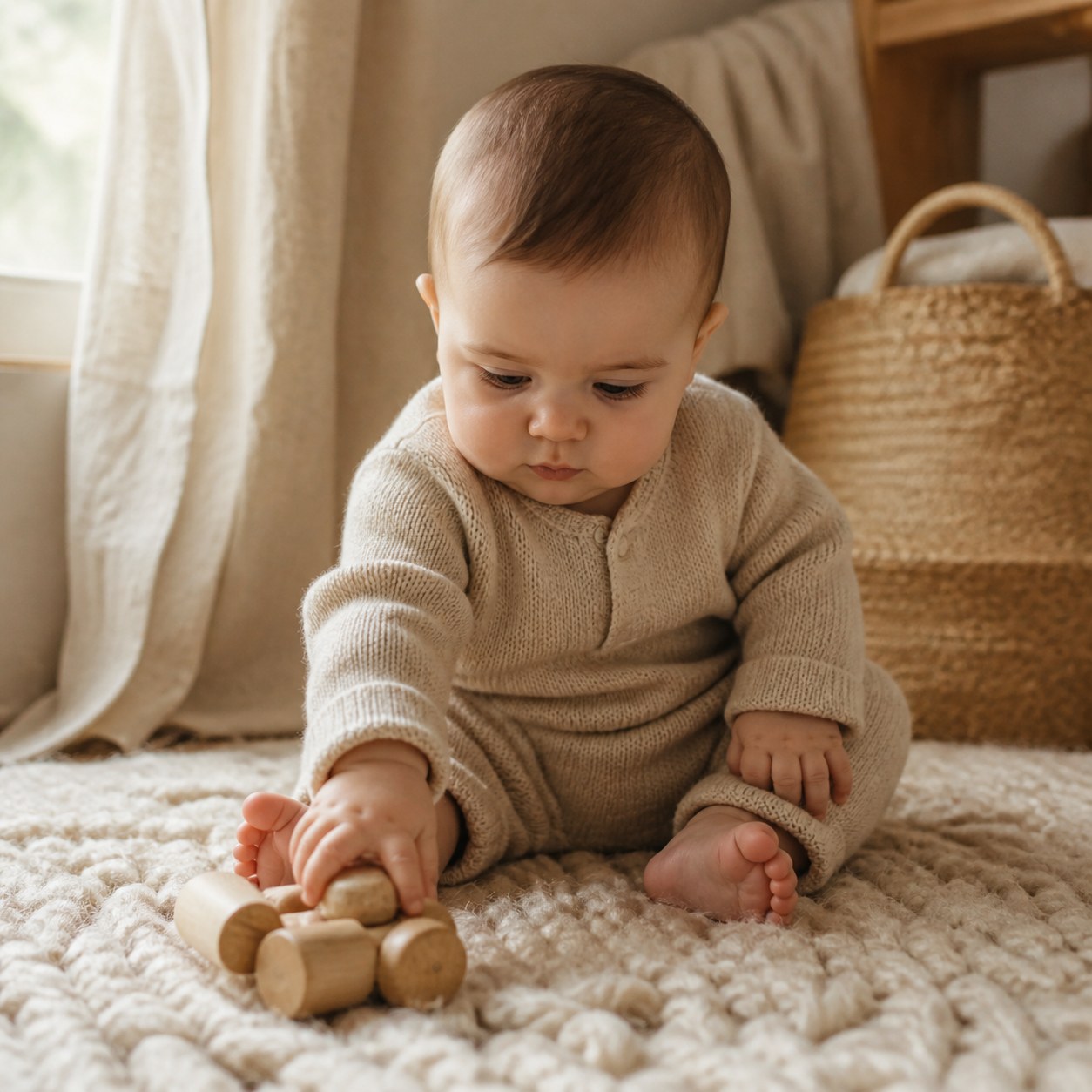 A baby in an oatmeal knit romper reaching for a wooden toy
