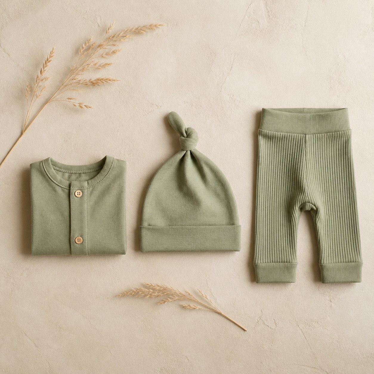 Flat lay of a sage cardigan, knotted beanie and ribbed leggings