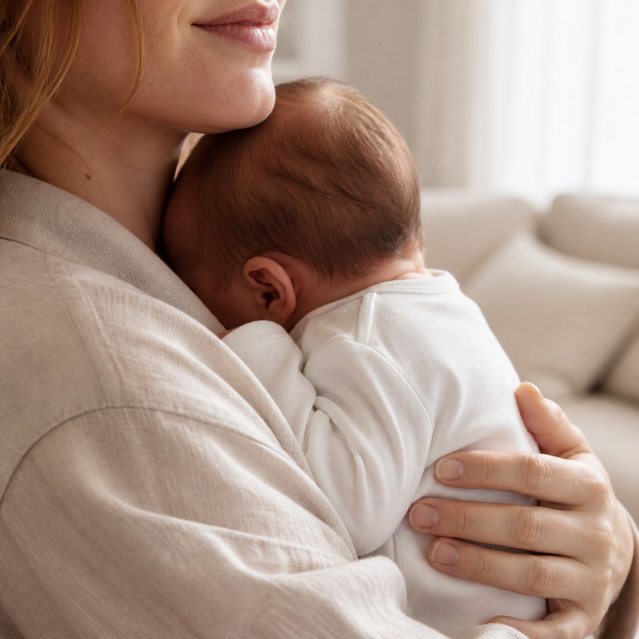 A mother holding her newborn in a cloud white bodysuit
