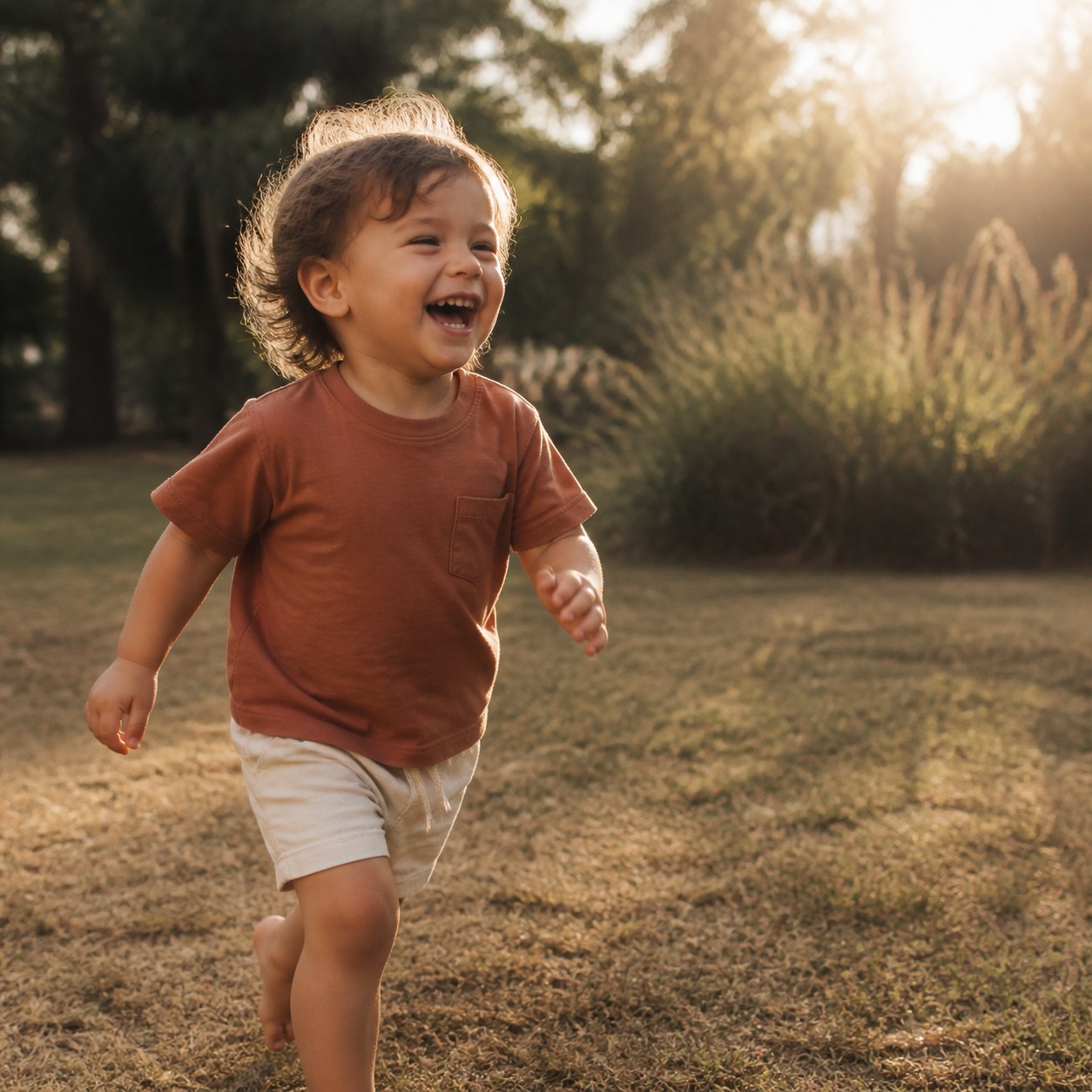A toddler running across a sunlit lawn in a clay cotton tee