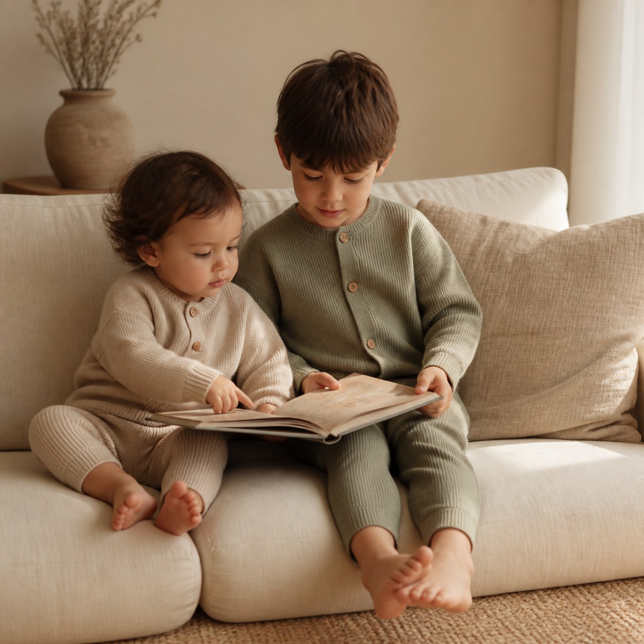 Two siblings reading together in coordinating knitwear